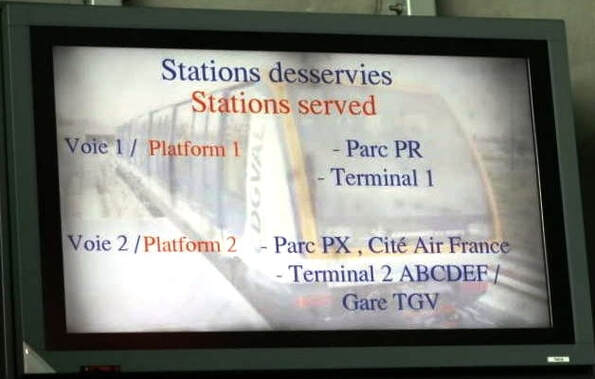 Screen showing stations served by the CDGVAL shuttle train at CDG airport
