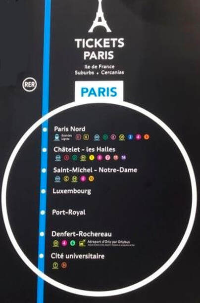 Sign showing main hub stations on RER B3 line to CDG airport with metro connections 
