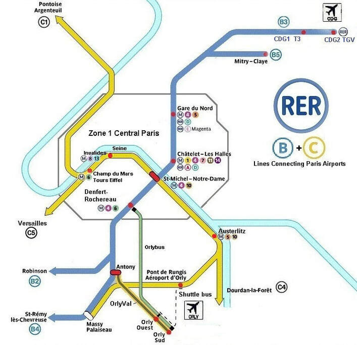 RER trains plan in Paris showing B3 route to airports 