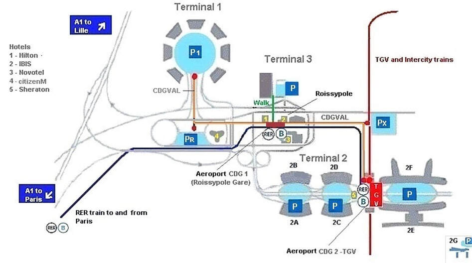 Plan showing train stations at Charles de Gaulle airport